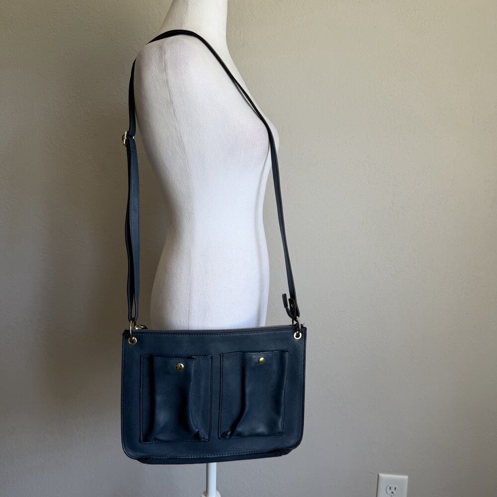 Neiman Marcus Deep Blue Sleek Crossbody Purse Bag Gold Hardware